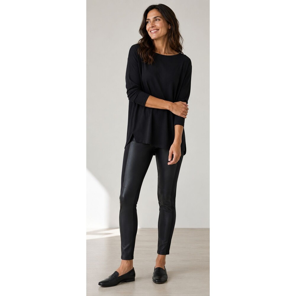 EILEEN FISHER Lamb Leather Front Panel Pull On Tapered Leg Pants Black Size L